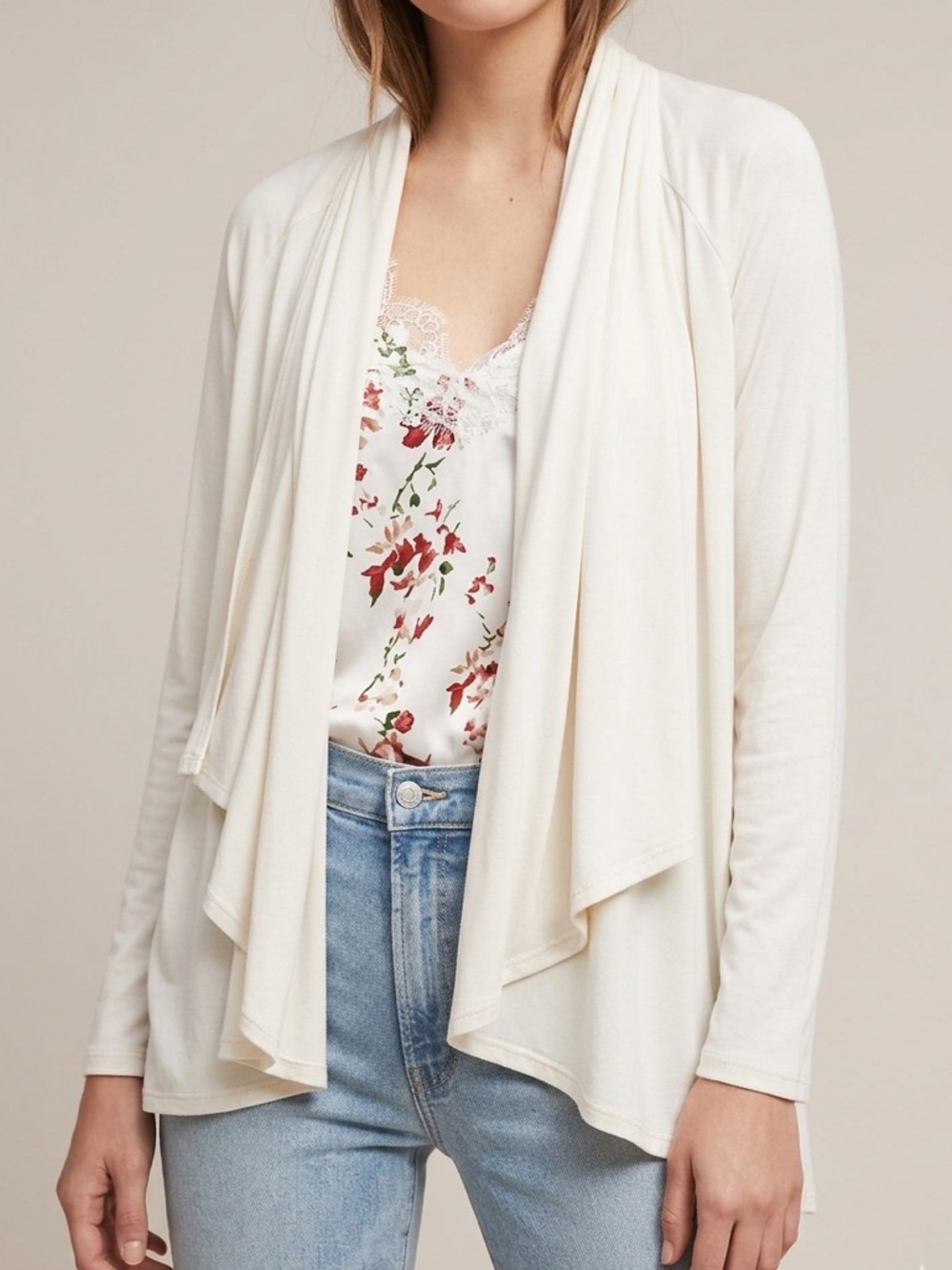 Anthropologie Soft Jersey Knit Waterfall Open Cardigan Pleated White Maeve Sz L